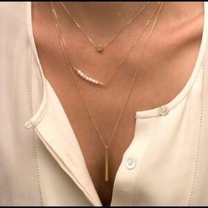 Gold Tone Triple Layer Pearl Bar Dot Necklace